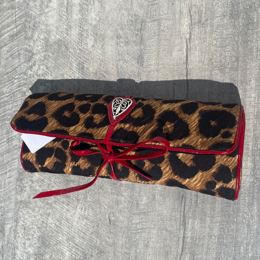 Brighton Leopard Print Jewelry Roll Organizer Red Patent Trim Heart Charm